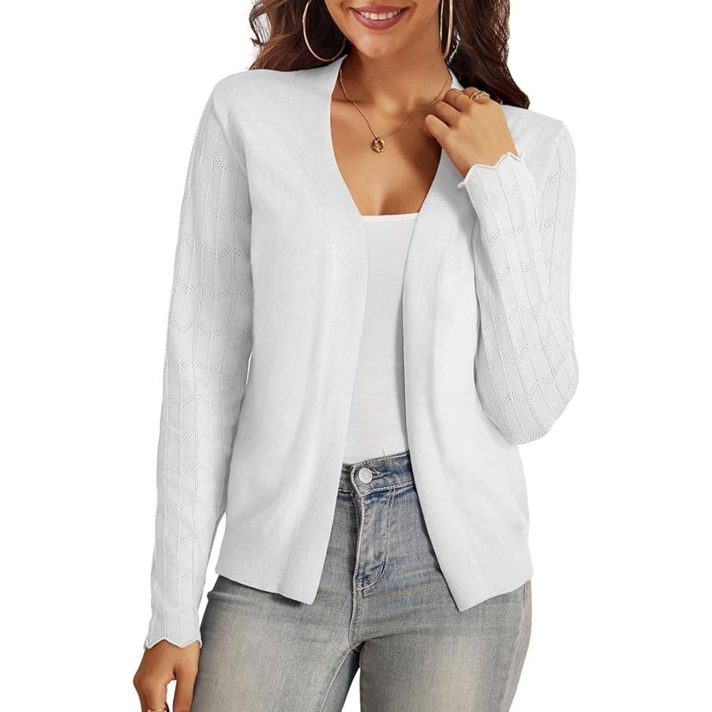 White Open Front Pointelle Sleeve Cardigan Scalloped Cuff Knit Sweater
